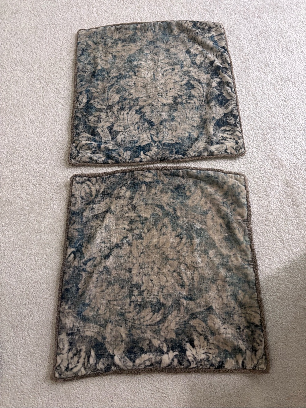 Two Pottery Barn 24x24” Blue and Taupe Couch Pillow Covers
